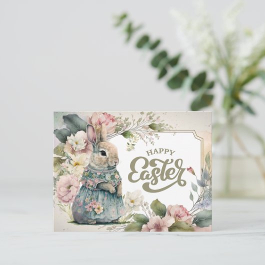 Vrolijk Pasen. Cute Old-Fashioned Bunny Feestdagenkaart (Staand voorkant)