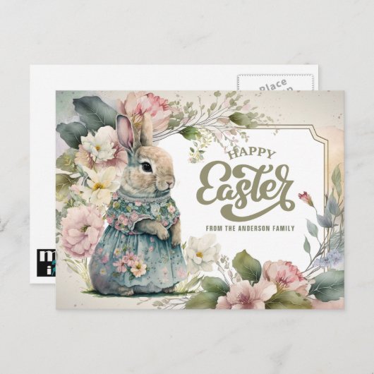 Vrolijk Pasen. Cute Old-Fashioned Bunny Feestdagenkaart (Voorkant / Achterkant)