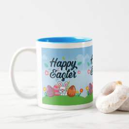 Vrolijk Pasen Eieren Konijn & Bloemen Tweekleurige Koffiemok