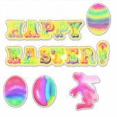 Vrolijk Pasen. Gele Waterverf Letters Eieren Sticker (Voorkant)