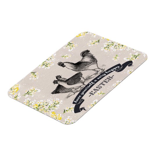 Vrolijk Pasen.  Haan & Kippen Cadeau Magneet (Linkerzijde)