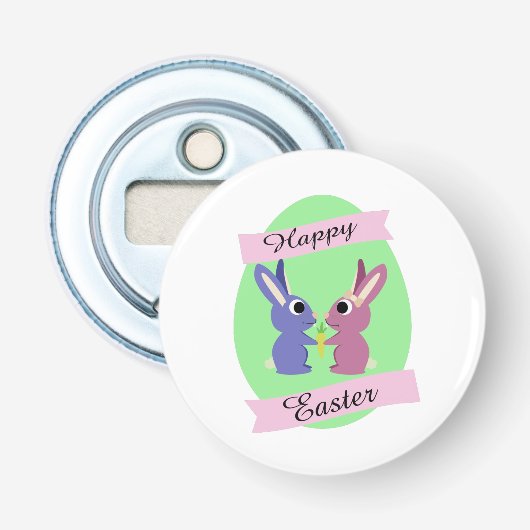 Vrolijk Pasen. Keerbunnies Button Flesopener (Voorkant)