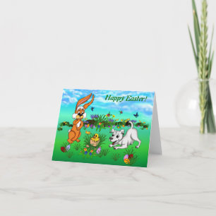 Vrolijk Pasen. Konijn, kuiken en puppy Feestdagen Kaart