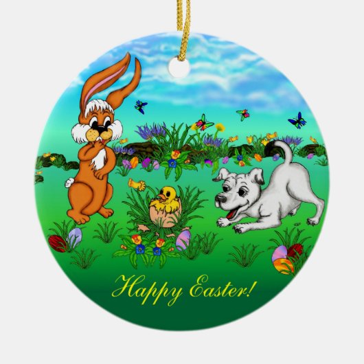 Vrolijk Pasen. Konijn, kuiken en puppy Keramisch Ornament (Voorkant)