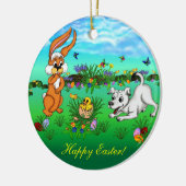 Vrolijk Pasen. Konijn, kuiken en puppy Keramisch Ornament (Links)