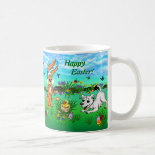 Vrolijk Pasen. Konijn, kuiken en puppy Koffiemok