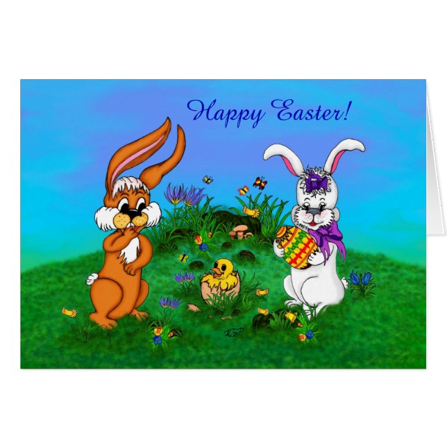 Vrolijk Pasen. Konijn met Bunny en Chick (Voorkant Horizontaal)