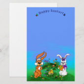 Vrolijk Pasen. Konijn met Bunny en Chick Briefpapier (Voorkant / Achterkant)