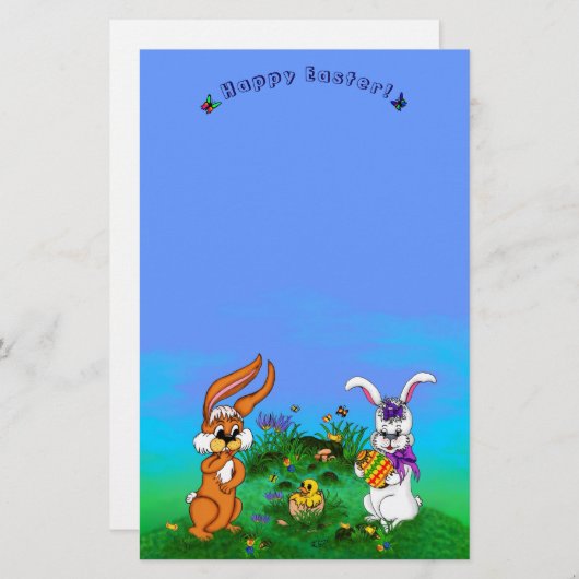 Vrolijk Pasen. Konijn met Bunny en Chick Briefpapier (Voorkant / Achterkant)