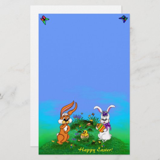 Vrolijk Pasen. Konijn met Bunny en Chick Briefpapier (Voorkant / Achterkant)