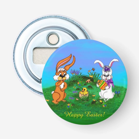 Vrolijk Pasen. Konijn met Bunny en Chick Button Flesopener (Voorkant)