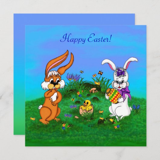 Vrolijk Pasen. Konijn met Bunny en Chick Feestdagenkaart (Voorkant / Achterkant)