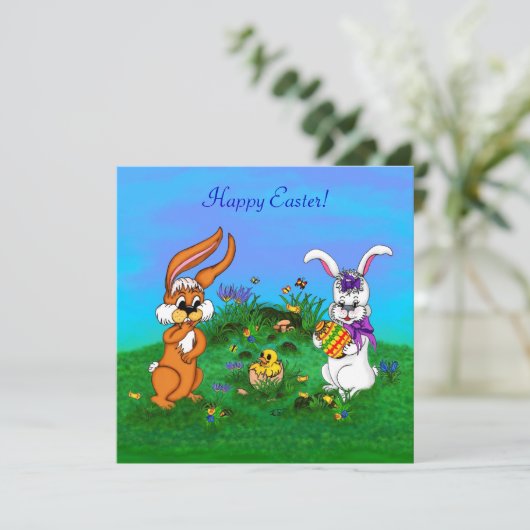Vrolijk Pasen. Konijn met Bunny en Chick Feestdagenkaart (Staand voorkant)