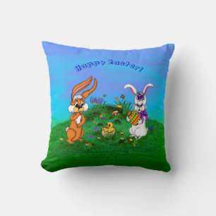 Vrolijk Pasen. Konijn met Bunny en Chick Kussen