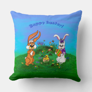 Vrolijk Pasen. Konijn met Bunny en Chick Kussen