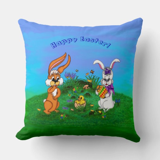 Vrolijk Pasen. Konijn met Bunny en Chick Kussen (Voorkant)