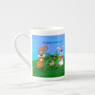 Vrolijk Pasen. Konijn met Bunny en Chick Porselein Kop