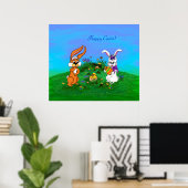 Vrolijk Pasen. Konijn met Bunny en Chick Poster (Thuiskantoor)
