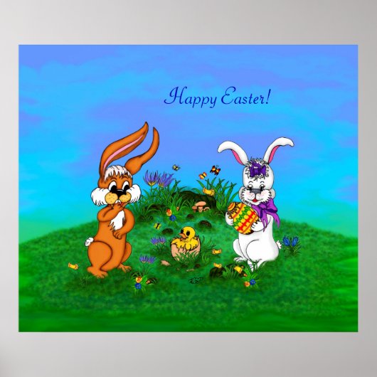 Vrolijk Pasen. Konijn met Bunny en Chick Poster (Voorkant)