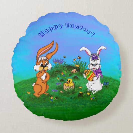 Vrolijk Pasen. Konijn met Bunny en Chick Rond Kussen (Voorkant)