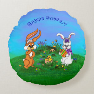 Vrolijk Pasen. Konijn met Bunny en Chick Rond Kussen