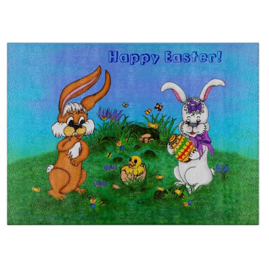 Vrolijk Pasen. Konijn met Bunny en Chick Snijplank (Voorkant)