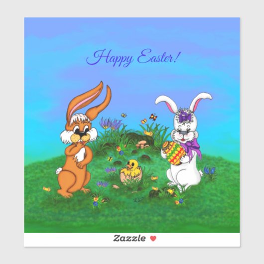 Vrolijk Pasen. Konijn met Bunny en Chick Sticker (Vel)