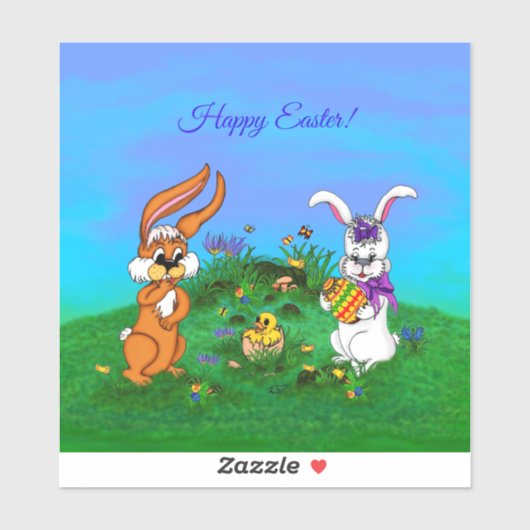 Vrolijk Pasen. Konijn met Bunny en Chick Sticker (Vel)