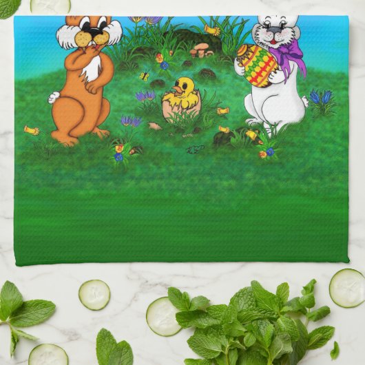 Vrolijk Pasen. Konijn met Bunny en Chick Theedoek (Gevouwen)