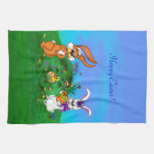 Vrolijk Pasen. Konijn met Bunny en Chick Theedoek (Horizontaal)