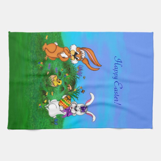 Vrolijk Pasen. Konijn met Bunny en Chick Theedoek (Horizontaal)