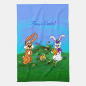 Vrolijk Pasen. Konijn met Bunny en Chick Theedoek (Verticaal)