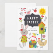 Vrolijk Pasen. Kute kinder cartoon konijn en eiere Feestdagenkaart (Voorkant / Achterkant)