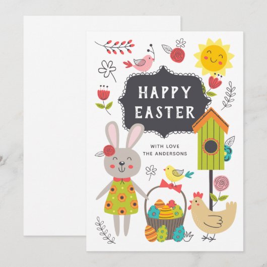 Vrolijk Pasen. Kute kinder cartoon konijn en eiere Feestdagenkaart (Voorkant / Achterkant)
