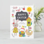 Vrolijk Pasen. Kute kinder cartoon konijn en eiere Feestdagenkaart (Staand voorkant)