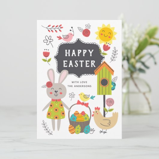 Vrolijk Pasen. Kute kinder cartoon konijn en eiere Feestdagenkaart (Staand voorkant)
