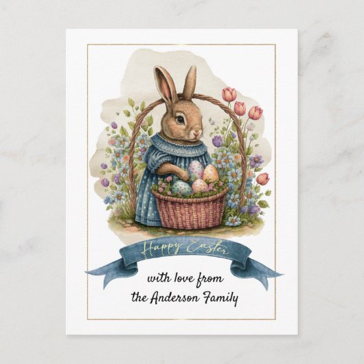 Vrolijk Pasen. Kute Old Fashioned Bunny with Eggs Feestdagenkaart (Voorkant)