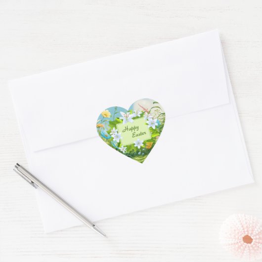 Vrolijk Pasen,  lentebloemen, Hart Sticker (Envelop)