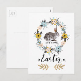 Vrolijk Pasen. PaasBunny en lentbloemen Feestdagenkaart