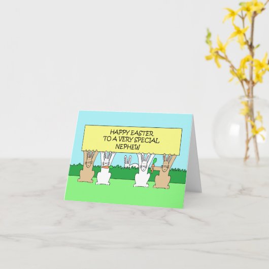 Vrolijk Pasen voor Nephew Cartoon Bunnies Kaart (Gele Bloem)
