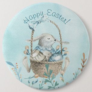 Vrolijk Pasen. Waterverf Bunny en mandje Ronde Button 6,0 Cm