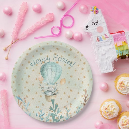 Vrolijk Pasen. Waterverf Bunny in Hot Air Ballon Papieren Bordje (Feest)