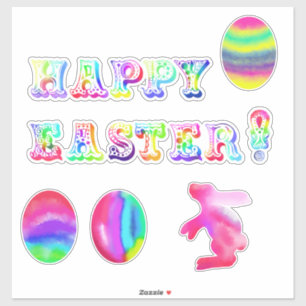 Vrolijk Pasen. Waterverf Eggs Bunny Sticker