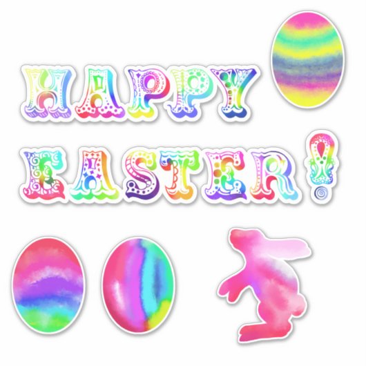 Vrolijk Pasen. Waterverf Eggs Bunny Sticker (Voorkant)