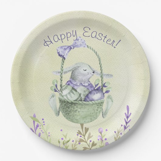 Vrolijk Pasen. Waterverf Lavender en Mint Green Papieren Bordje (Voorkant)