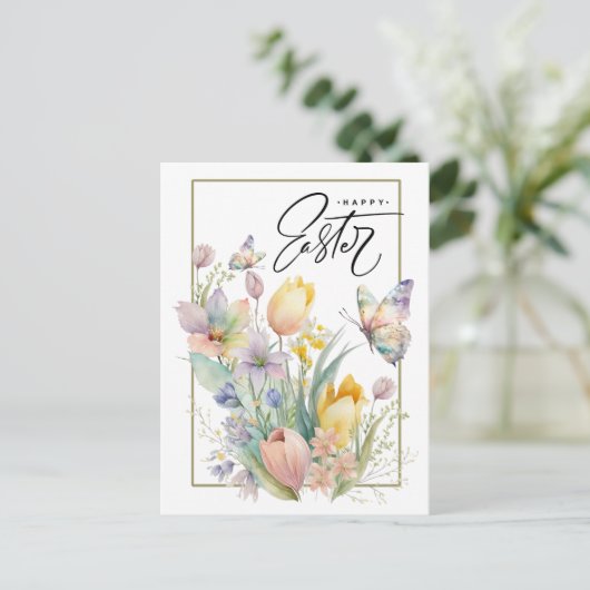 Vrolijk Pasen. Waterverf Tulpen en vlinder Feestdagenkaart (Staand voorkant)