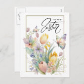 Vrolijk Pasen. Waterverf Tulpen en vlinder Feestdagenkaart (Voorkant / Achterkant)
