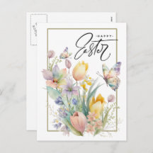 Vrolijk Pasen. Waterverf Tulpen en vlinder