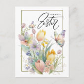 Vrolijk Pasen. Waterverf Tulpen en vlinder Feestdagenkaart (Voorkant)