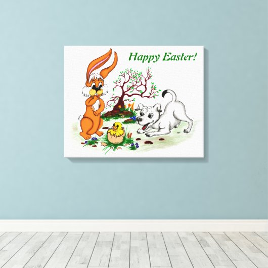 Vrolijk Pasen. Welpe, Küken, Hase Canvas Afdruk (Insitu (Houten vloer))